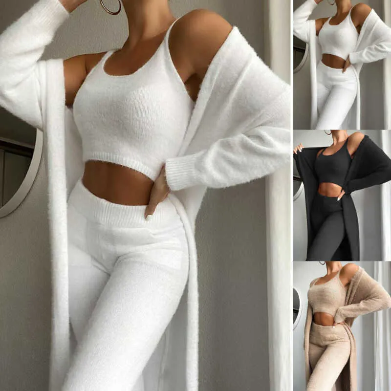 WOEMN Teddy Lounge Wear Set Women 3 sztuka dresy polarowe piżamy ustawia kobiet bielizna nocna kardigan bielizna nocna seksowna bielizna 210809