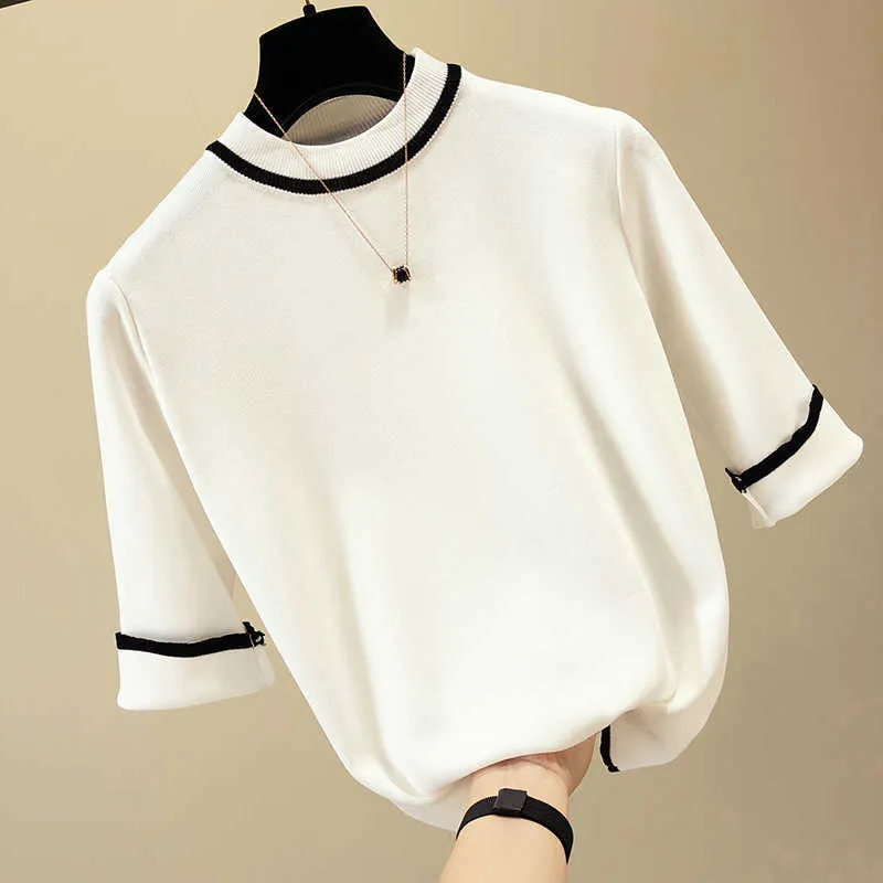 Summer Short Sleeve Pullover Women Sweater Knitted Sweaters O-Neck Tops Korean Pull Femme Jumper Female White thin sweater 210604