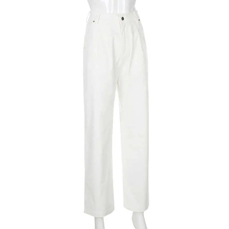 Automne Casual Blanc Pantalon Femmes Bouton Poches Taille Haute Pantalon Mode Baggy Droite pour 210604