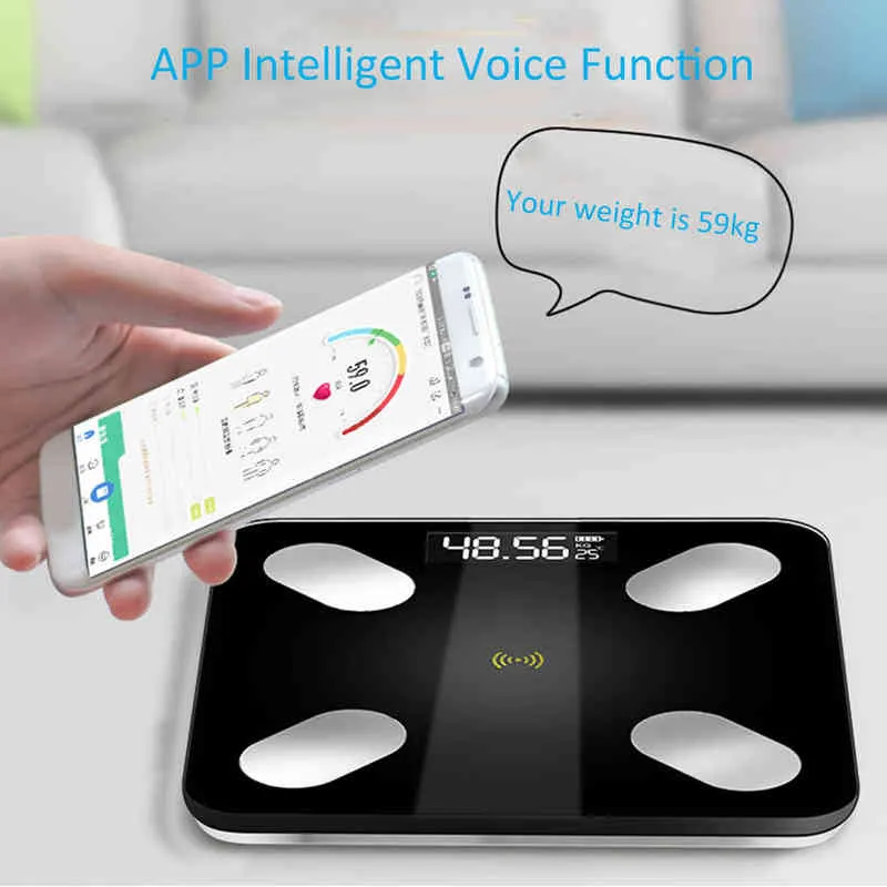 Multifunctionele intelligente lichaamsgewicht schaal BT4.0 elektronische digitale schaal met smartphone app body samenstelling analyzer H1229