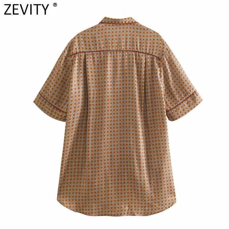 Zevity Kobiety Vintage Geometryczne Print Casual Loose Smock Bluzka Kobieta Krótki Rękaw Kimono Koszulki Chic Blusas Topy LS7677 210603