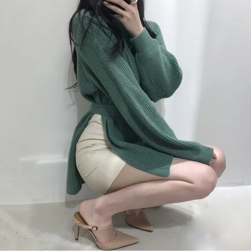 Ezgaga Lace Up Long Sweater Pullover Kvinnor Turtleneck Loose Split Korean Chic Winter Office Lady Elegant Solid Sticka Toppar Jumper 210430