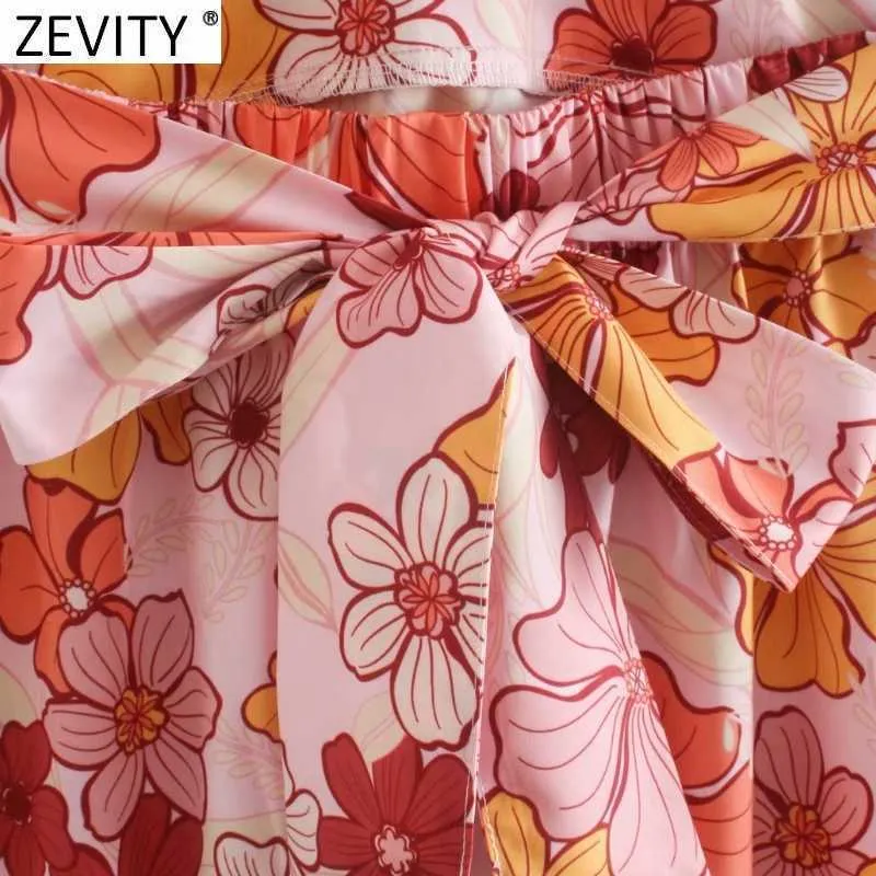 Zevity夏の女性熱帯の花柄プリパンプリントパフスリーブスリムミニドレス女性の背中の蝶のシックなBoho Beach Vestidos DS8327 210603