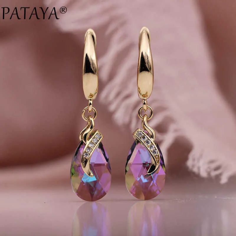 PATAYA Austria Crystal Long Earrings 585 Rose Gold Water Drop Dangle Natural Zircon Women Gradient Fashion Jewelry 210706