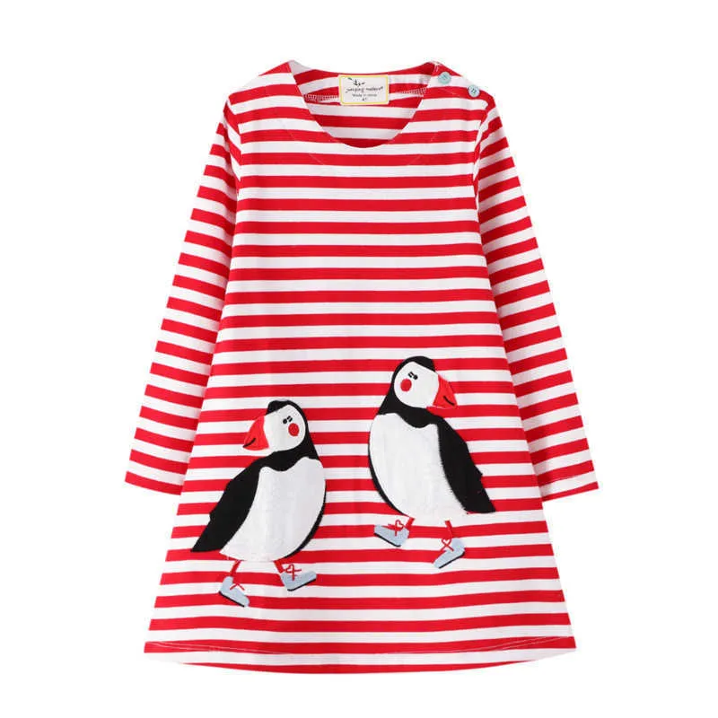 Springende meters vogel applique prinses lange mouw meisjes jurk mode baby herfst lente kleding streep 210529