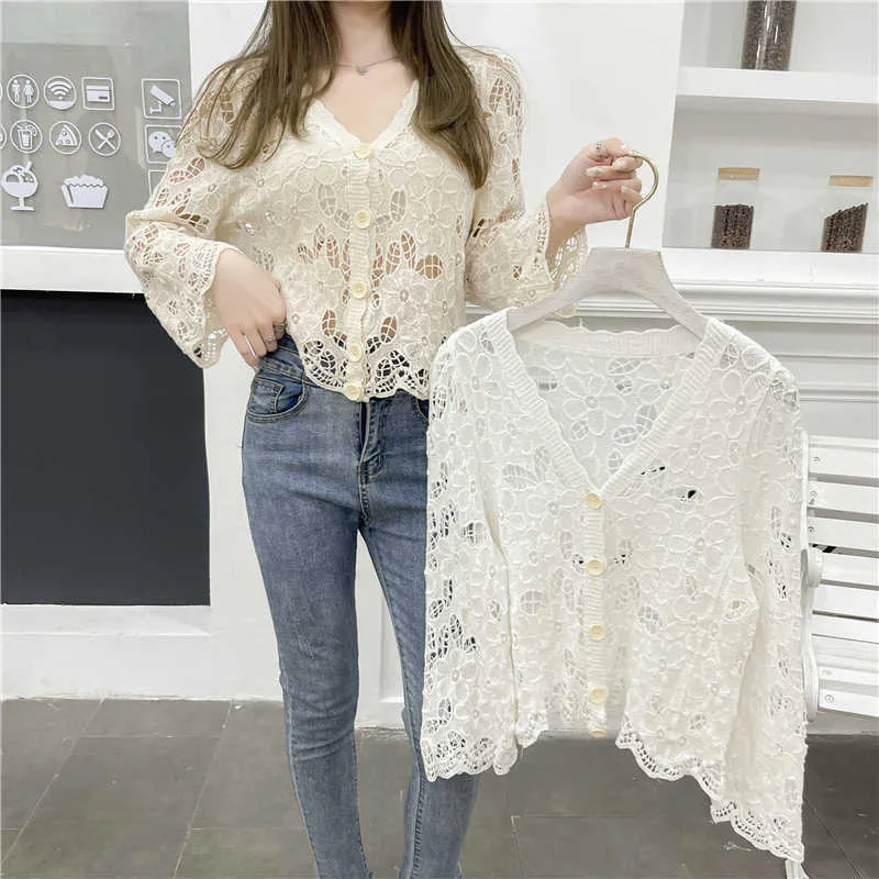 Sexy V-neck Cardigan Lace Tops Summer Crocheted Floral Shirts Women Hollow Out Blouse Mujer Long Sleeve Clothes 14460 210527