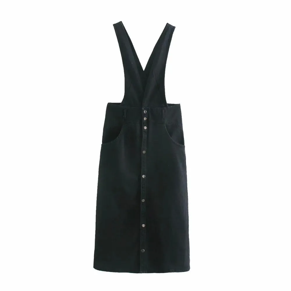 Haute qualité femmes mode bouton-up Denim jarretelle robe mi-longue Vintage dos nu poches latérales bretelles femmes robes Mujer 210520