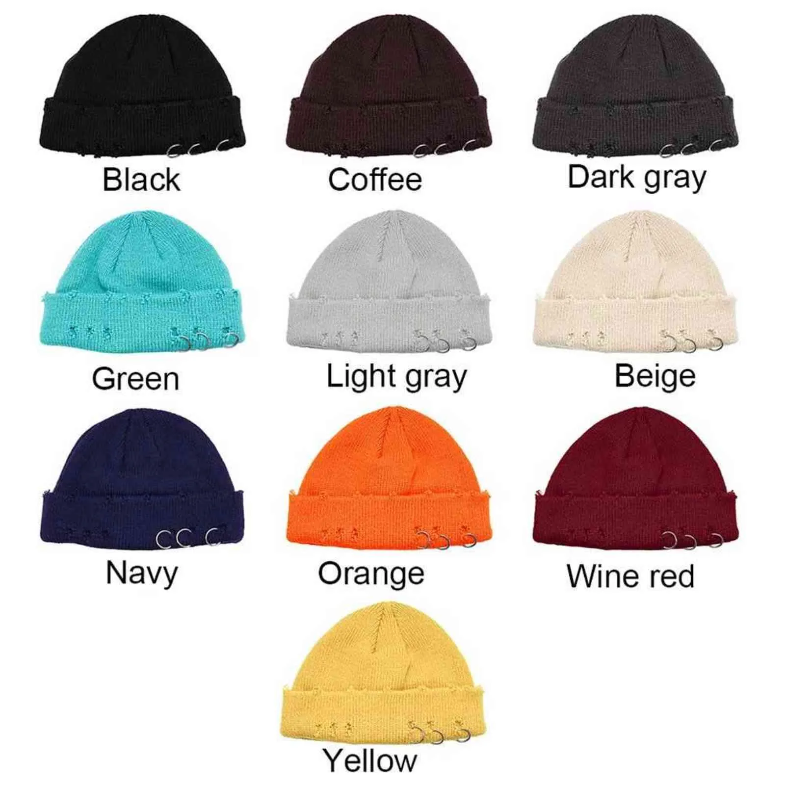 New Fashion Harajuku Hip Hop Warm Cuffed Skull Cap Winter Knit Hat Cappelli da sci Anello in metallo Beanie Hat Y21111