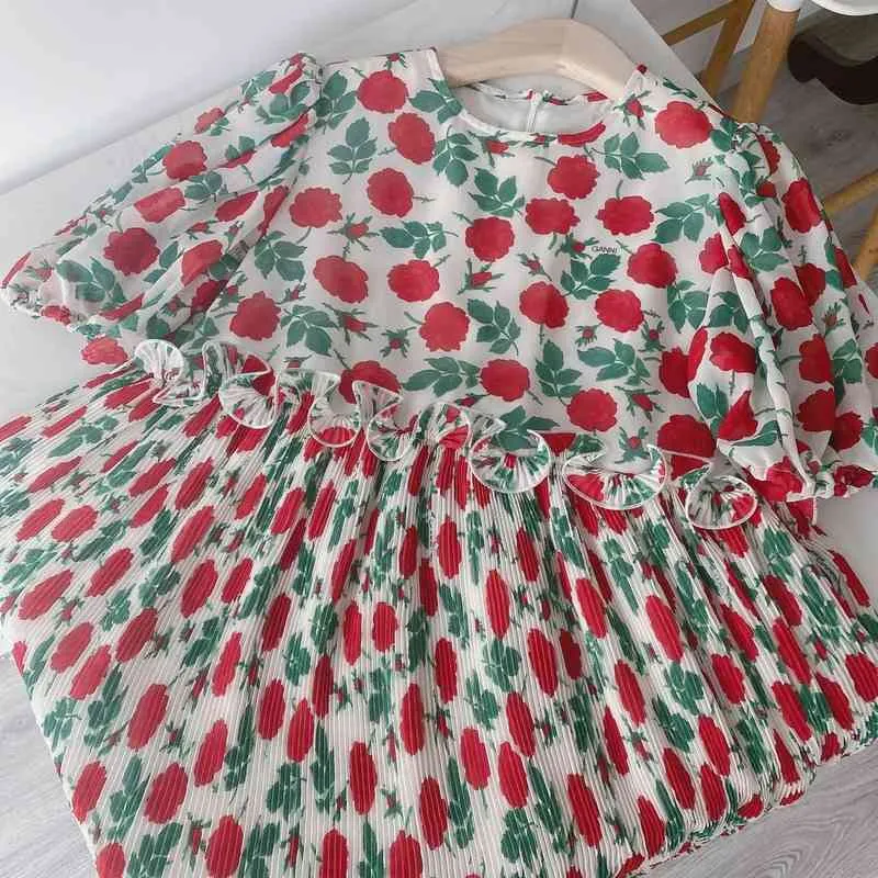 Summer Vintage Rose Print Puff Sleeve Women Dress Sweet Fungus Edge Short Sleeve Vestido Mujer High Waist Femme Robe 210514