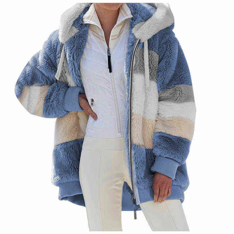Hiver fausse fourrure femmes manteau à capuche à manches longues Cardigan poches à fermeture éclair lâche Patchwork rayé mode décontracté 211220