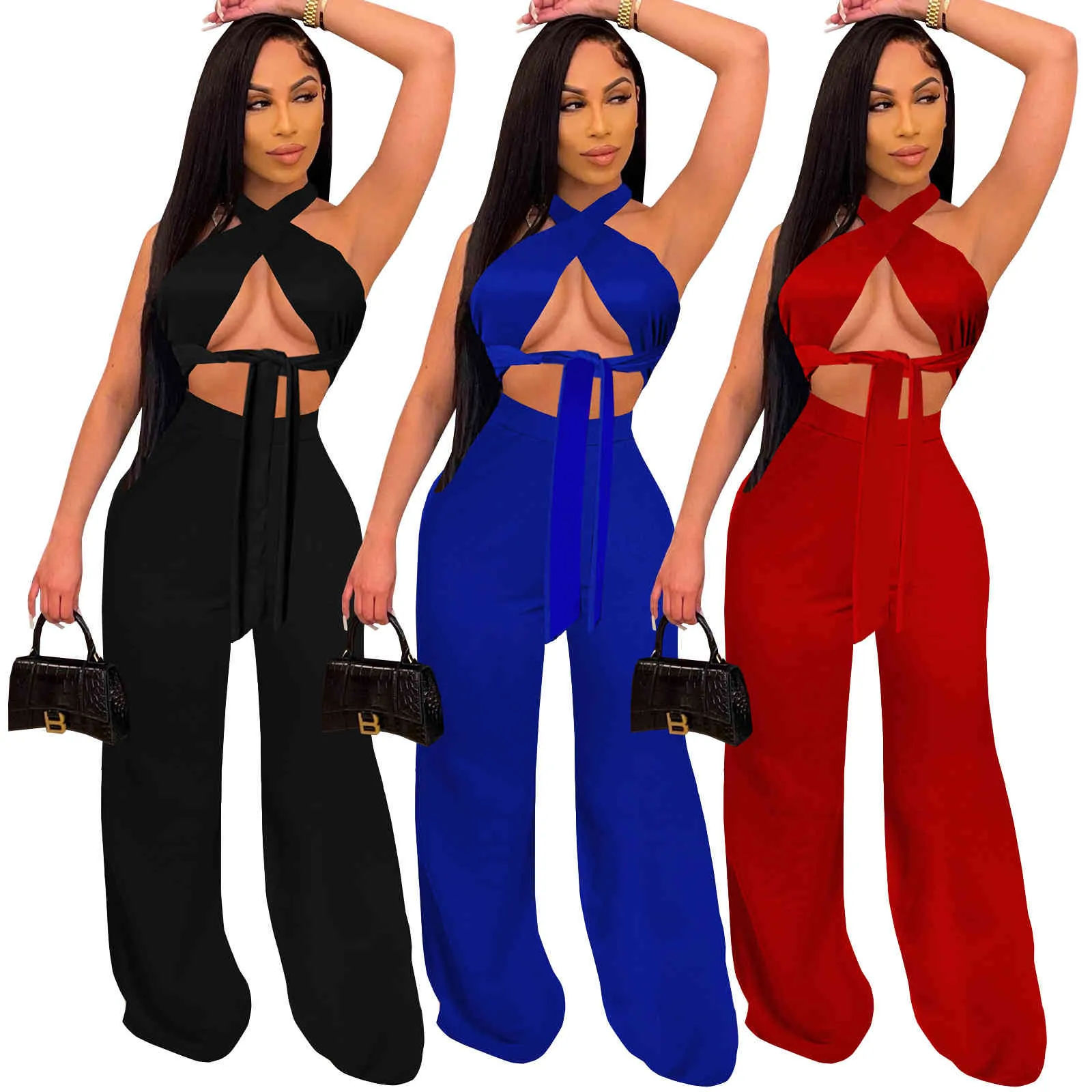 Holiday Party Night Club Vrouwen Sets Kleding Black Girl Cross Crop Top Tee and Wide Pen Pants Office Lady Twee stuk Outfits 210525