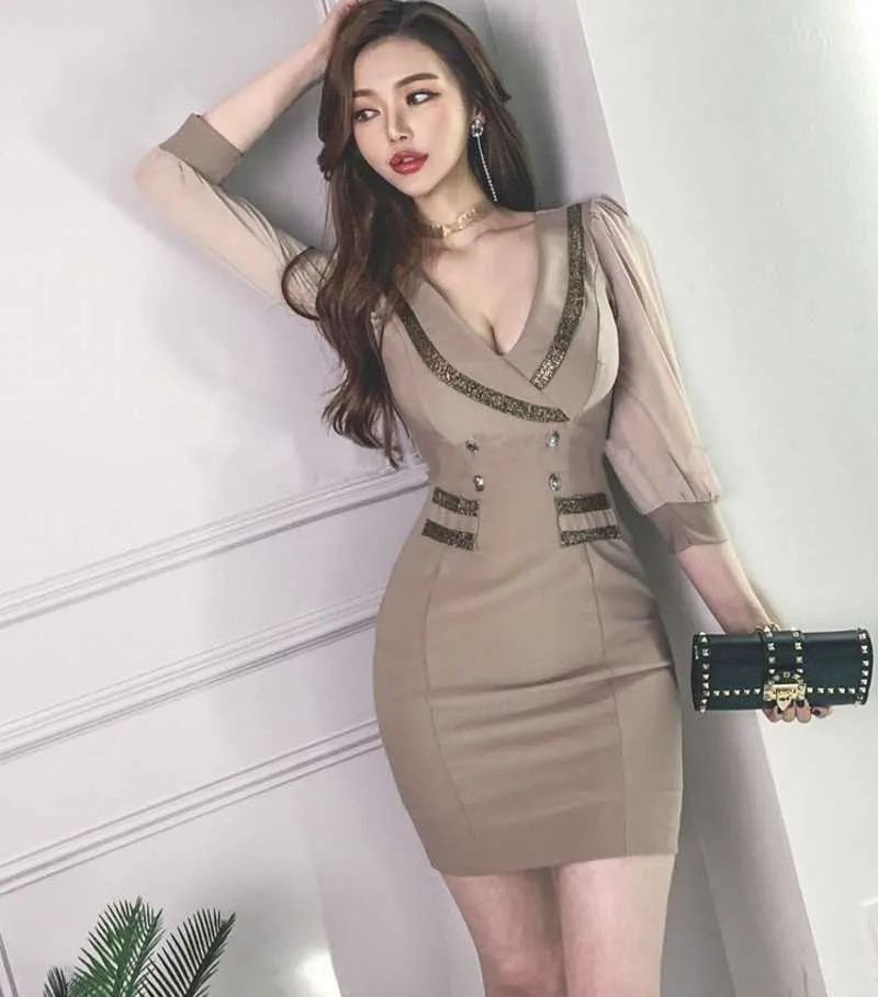 Printemps coréen femmes élégantes robe crayon robes OL taille haute col en v sexy robe moulante 210531