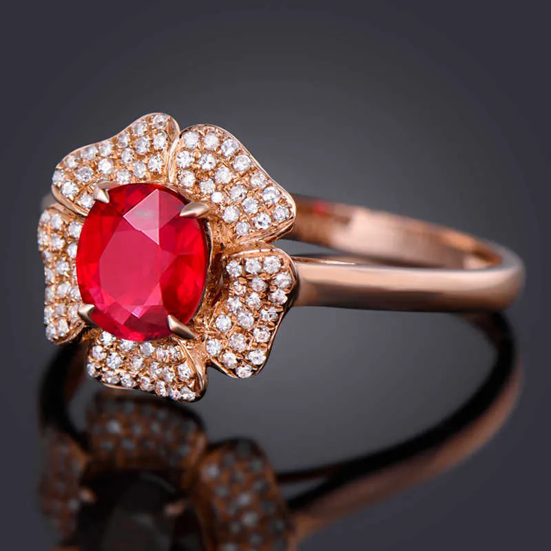 Kvinnor Ringar Crystal Red Diamond Flower Red Zircon Ring Öppna Plated 18K Rose Lady Cluster Styles Band