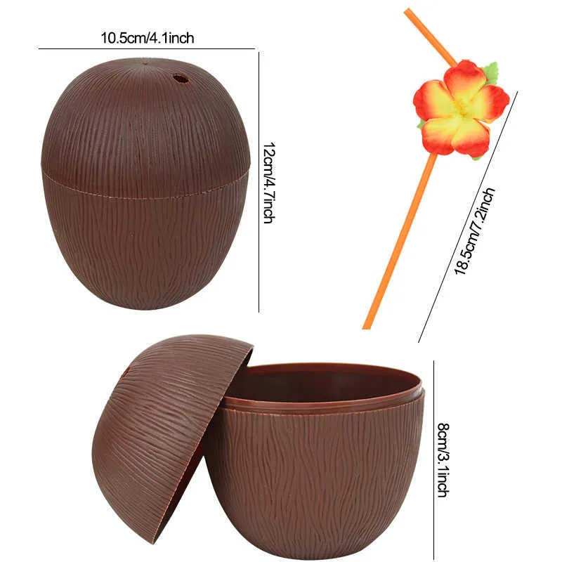 열 대 파인애플 코코넛 마시는 컵 주스 컵 빨 대와 함께 하와이 루아 나우 생일 여름 해변 풀 파티 장식 211015