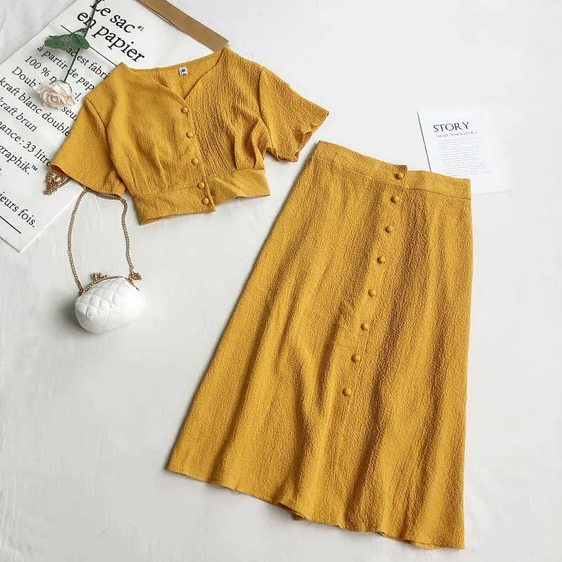 LY VAREY LIN, conjunto de dos piezas de moda de verano para mujer, Tops cortos informales con cuello de pico y una botonadura, falda de Color sólido acampanada de cintura alta 210526