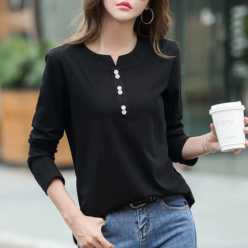 100% Cotton T Shirt Woman Spring Fashion Long Sleeve V Neck T-shirt Löst koreansk stil Plus-storlek Kvinnor S 220217