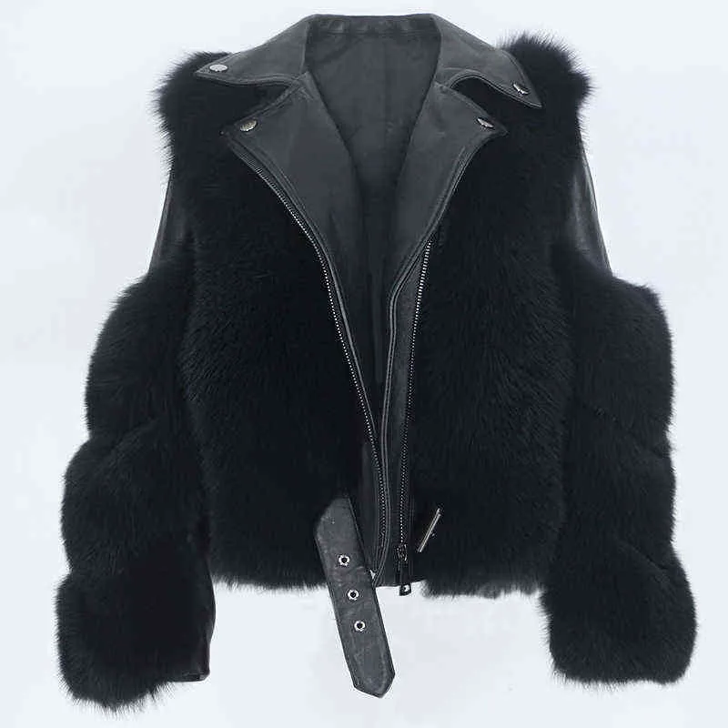 Oftbuy Real casaco de pele colete jaqueta de inverno mulheres pele natural couro genuíno Outerwear destacável streetwear locomotiva 211110