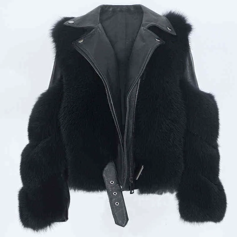 Oftbuy véritable manteau de fourrure gilet veste d'hiver femmes fourrure naturelle véritable cuir vêtements d'extérieur détachables streetwear locomotive 211110