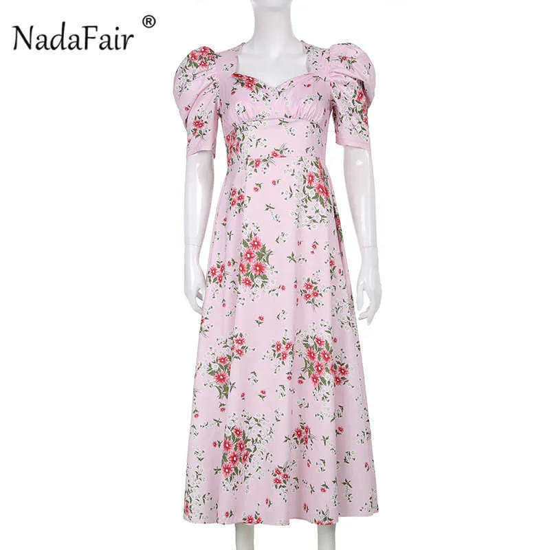 Nadafair Puff Sleeve Midi Kleid Square Neck Elegante Party Rosa Boho Urlaub Casual Floral Sommer Kleid 2021 Frauen Y1006