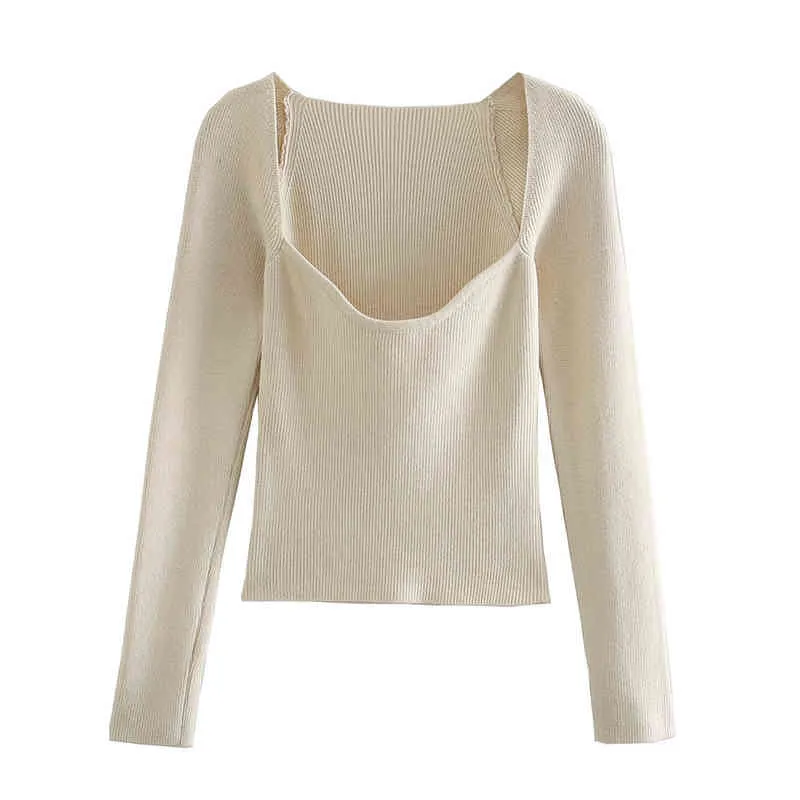 Elegante Frauen Beige Pullover Mode Damen Chic Solide Strick Tops Streetwear Weibliche Süße Quadrat Kragen Pullover 210427