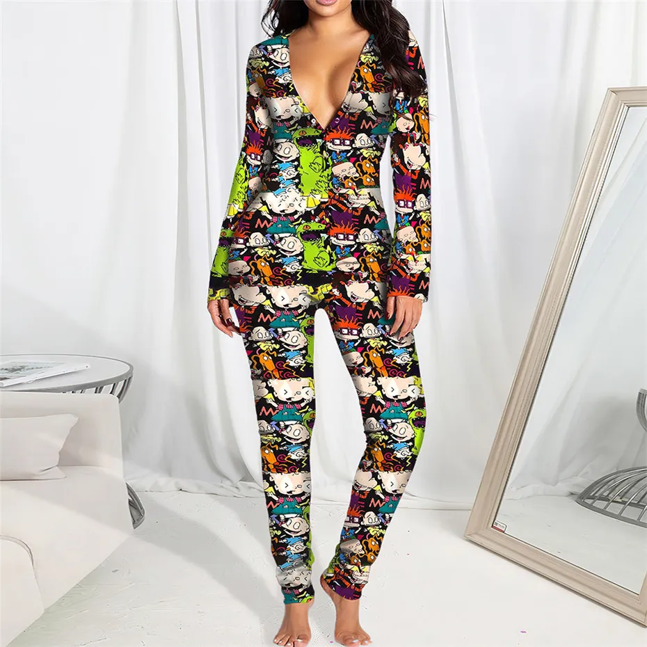 Bulk Kobiet Piżamy Pajacyki Kombinezony Elegancka Moda Piękny Drukuj Bodycon Skinny Z Długim Rękawem V-Neck Swetover Wygodne Clubwear Sleepwear K8341