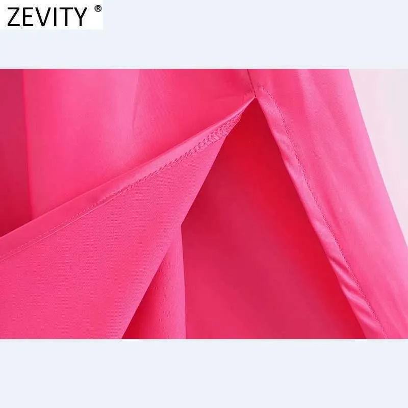 Zevity女性のファッションVネックソリッドカラーサイドプリーツスリングドレス女性シックなインナースタイルジッパースプリットvestidos DS8503 210603