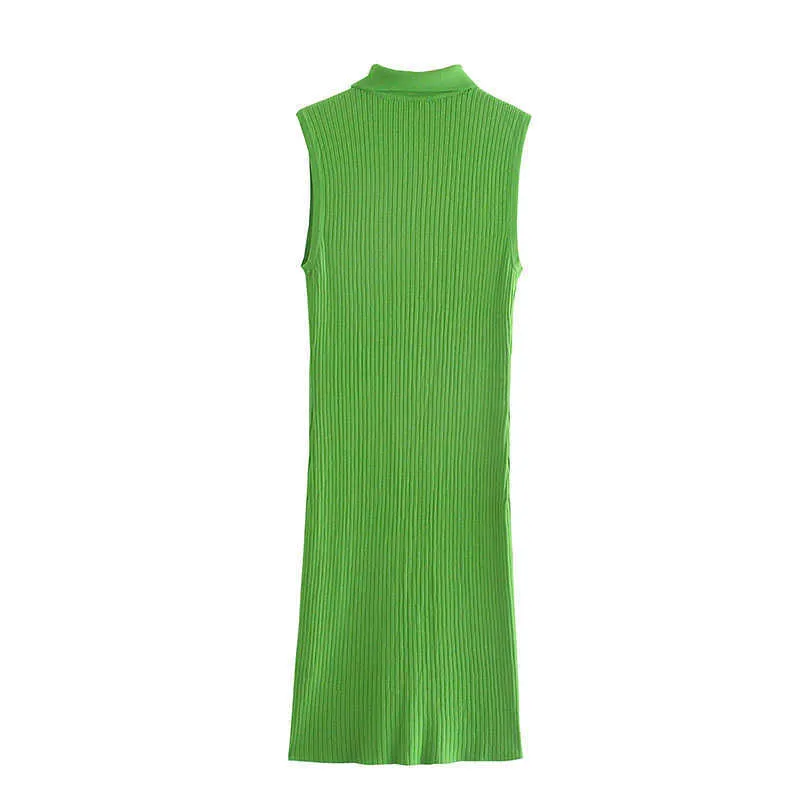 【木】女性夏ファッショングリーンシングルブレストターンダウンカラーノースリーブ弾性ニットドレス13Q440 210527