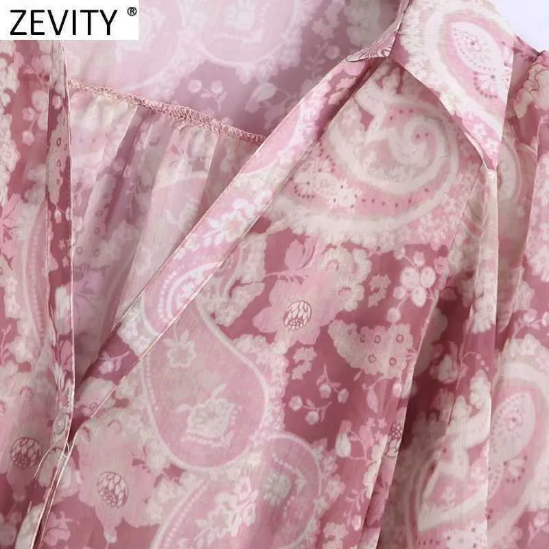 Zevity Frauen Vintage Cashew Nut Print Side Split Chiffon Hemd Kleid Weibliche Chic Totem Floral Schärpen Business Vestido DS8273 210603