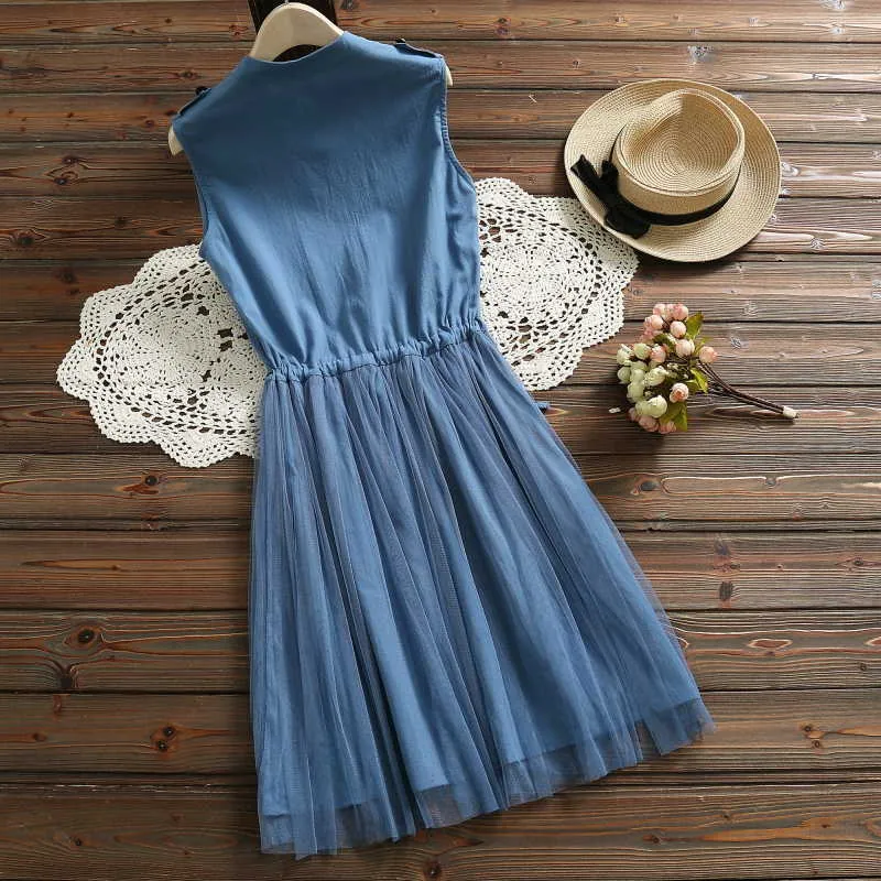 Lace Belt midja ärmlös kvinna klänningar sommar två bitar av mesh rosa blå eleganta vestidos kvinnor knä klänning 3518 50 210527