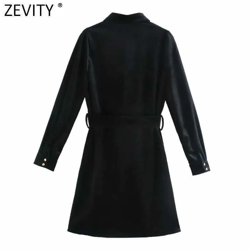 Zevity Frauen Vintage Einreiher Bogen Schärpen Samt Mini Kleid Femme Langarm Casual Business Vestido Hemd Kleider DS4821 210603