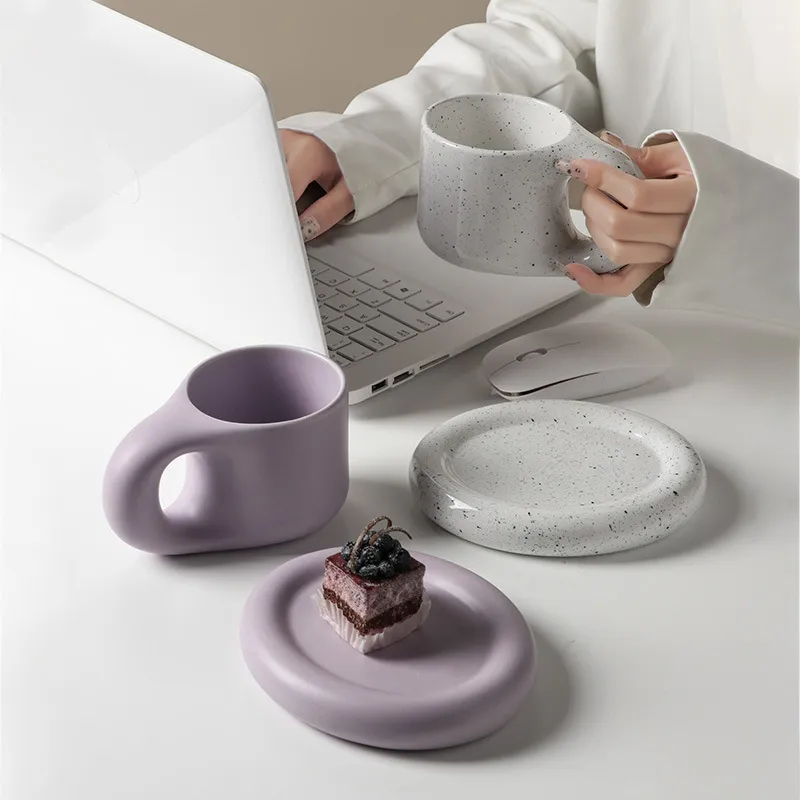 Cutelife-Juego de café de cerámica pequeño, color blanco nórdico, decorativo, para desayuno, beber Latte, té de la leche, platillo, taza reutilizable para boda