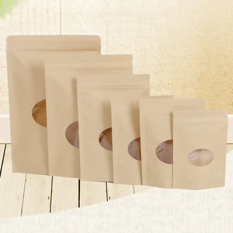 8 tailles brun kraft papier stand-up sac thermoscellable refermable pochette zippée feuille intérieure évider sacs d'emballage de stockage des aliments BH5266 TYJ