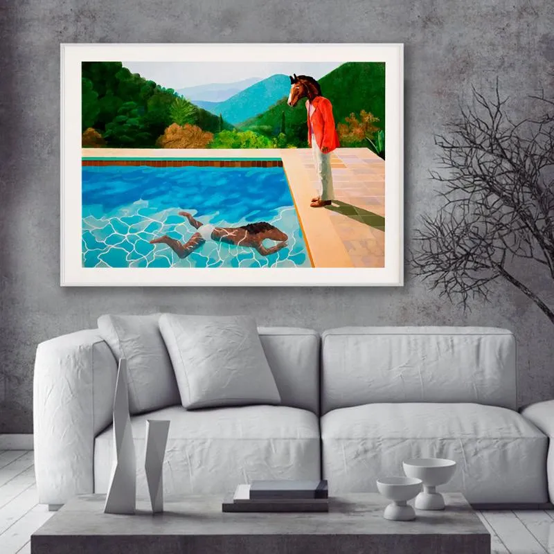 Schilderijen Bojack Print Poster David Hockney Geïnspireerd Twee Paarden Zwembad Canvas Schilderij Muurschilderingen Cartoon Foto Living Roo230Z