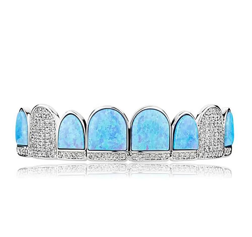 14K CZ Vampire Teeth Grillz Iced Out Micro Pave Kubieke Zirkoon BLAUWE Opaal 8 Tand Hip Hop Grill Top Bottom Mond Grills Set met Sili2071