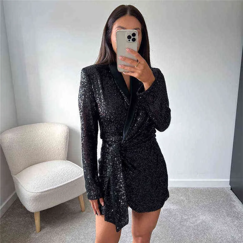 TRAF ZA Wrap Sequin Jurk Vrouw Vintage Mini Glitter Jurk Vrouwen Elegante Zwarte Korte Party Jurken Lange Mouw Nachtjurken G1214