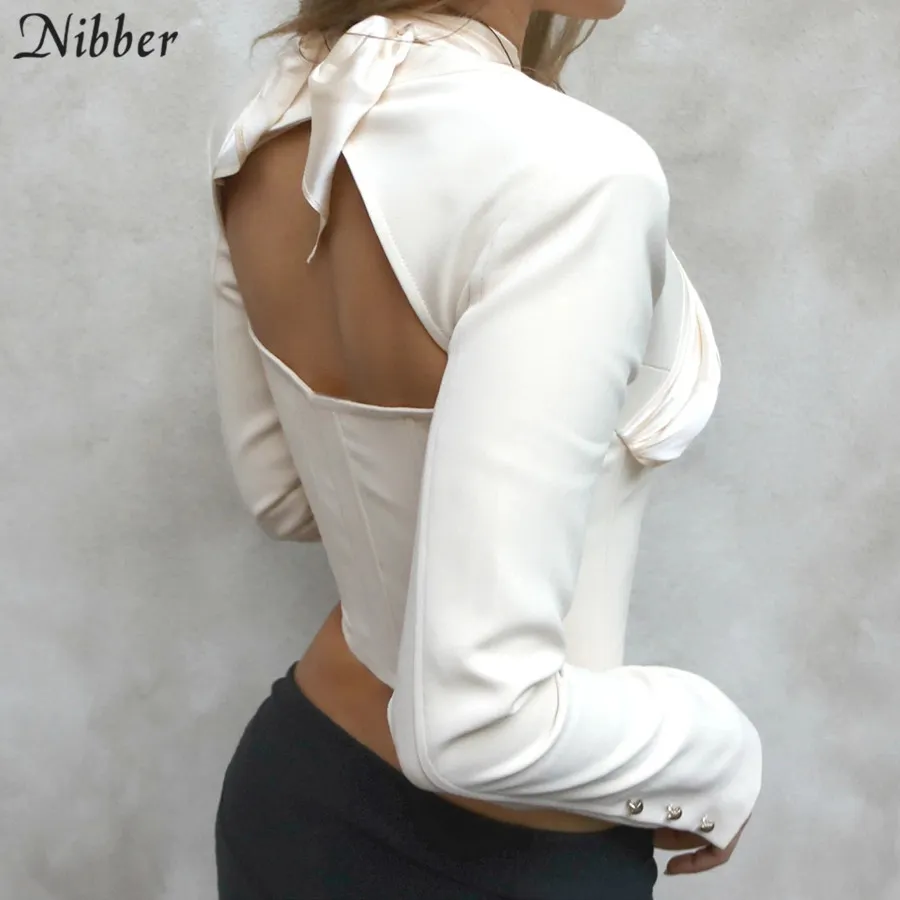 Nibber Autumn Button Decoration Office Slim Crop Top Women Hollow Backless Elegant Tshirts Fashion Party White Casual Top Shirt 210322