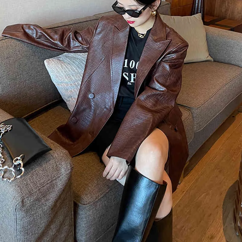 [EAM] femmes café cuir Pu grande taille Blazer revers manches longues coupe ample veste mode printemps automne 1DD6433 21512