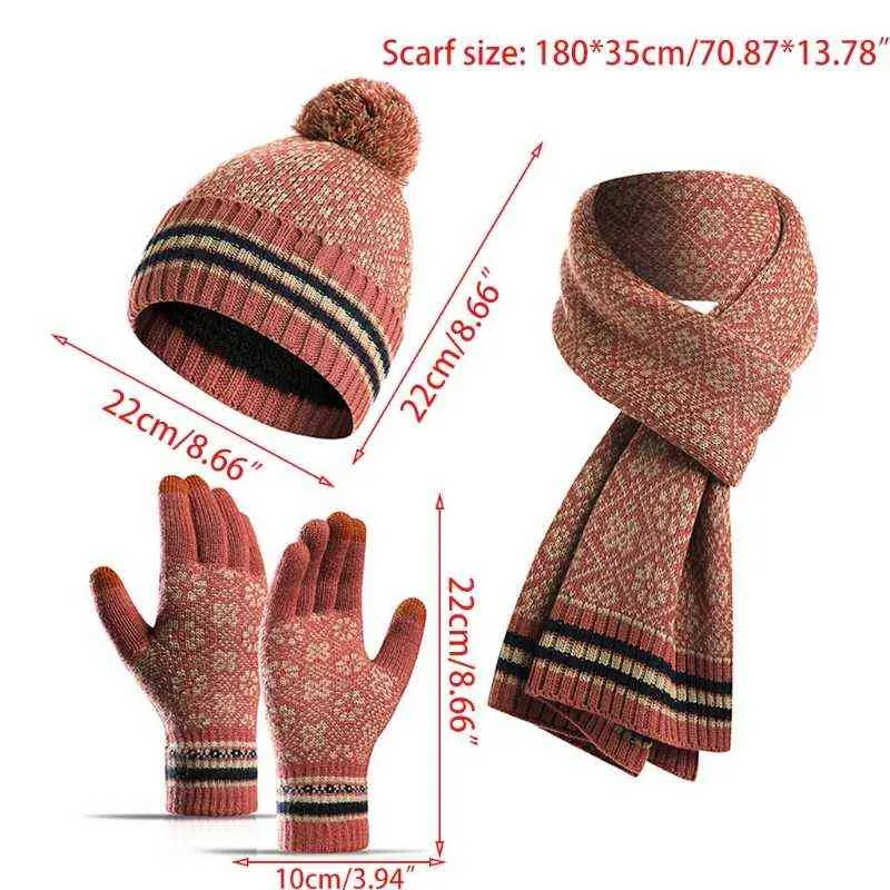 Unisex inverno berretto con pompon cappello sciarpa lunga guanti touch screen set geometrico floreale jacquard foderato in peluche berretto con teschio