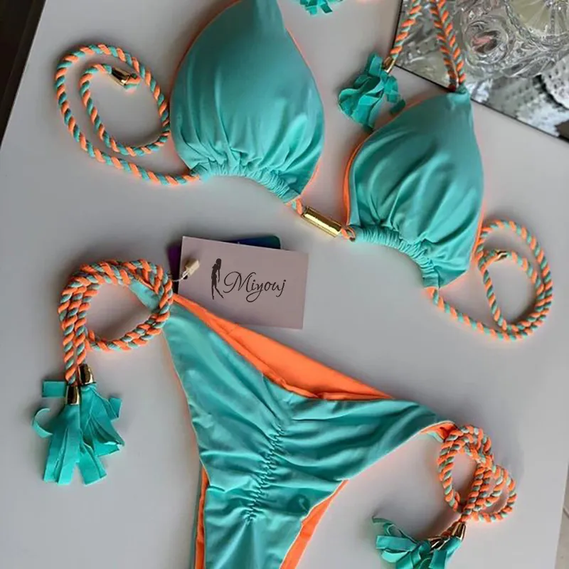 Miyouj стринги комплект бикини синий цвет купальник женские сексуальные купальные костюмы из двух частей бикини треугольные повязки женская пляжная одежда 2202267740910