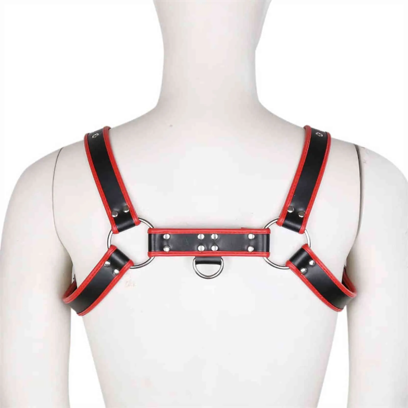 Bondages Cinturón sexual de cuero para el pecho y el cuerpo de los hombres con jaula de doble hombro ajustable rojo Gay Clubwear disfraz 1122