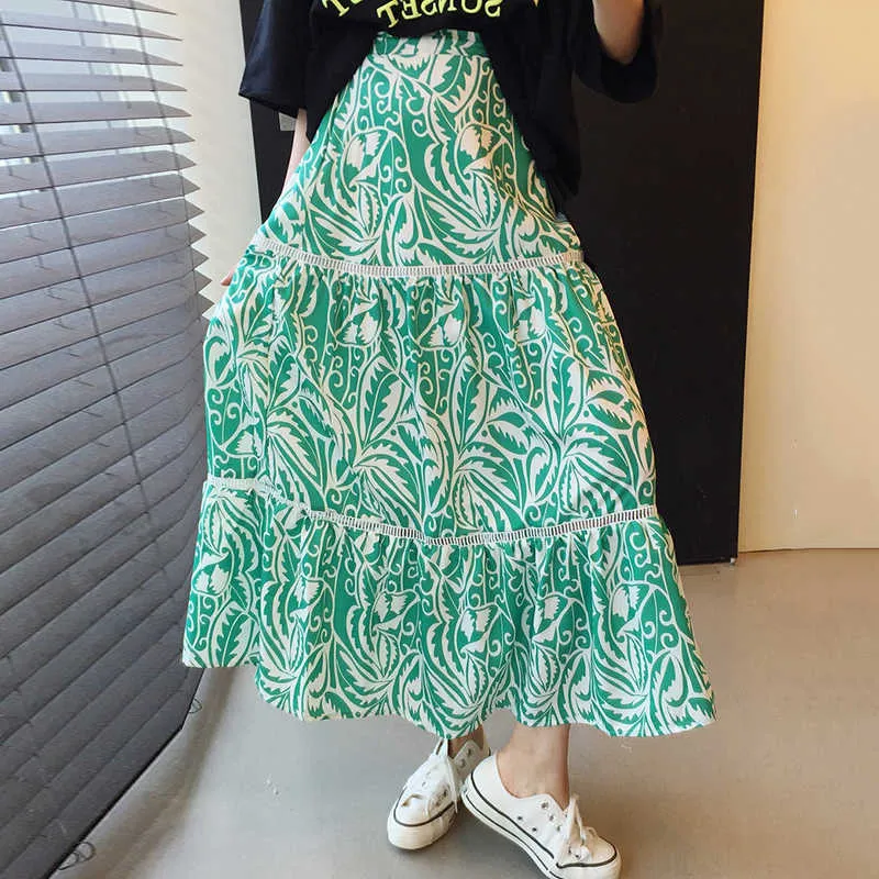 Korejpaa Frauen Sets Sommer Koreanische Chic Vintage V-ausschnitt Brief Drucken Lose T-Shirt Hohe Taille Große Schaukel Blume Röcke 210526