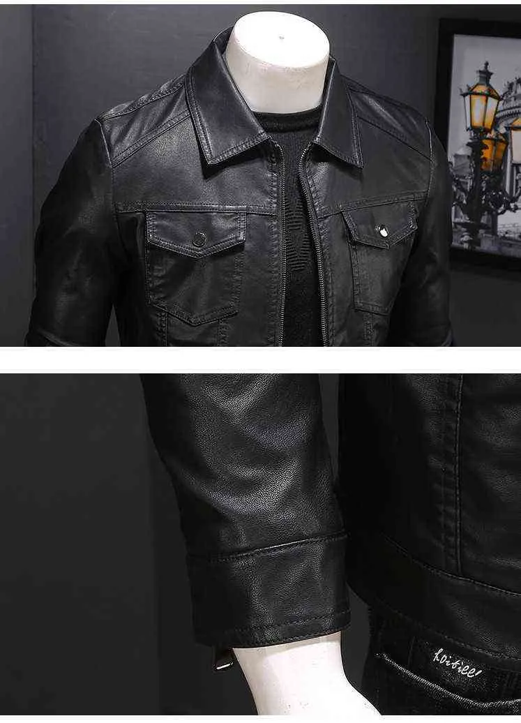 Черные искусственные кожаные куртки мужчины мода бизнес ветровка поворотный воротник многокарманский повседневная тонкая подходит для одежды Biker Man 21111