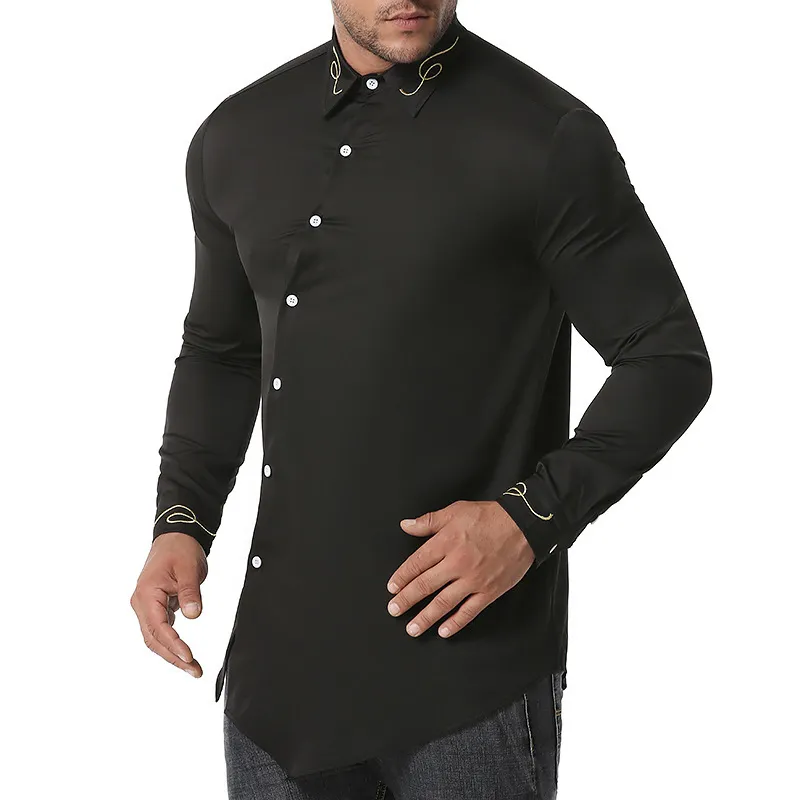 Mode broderi mens västerländska skjortor snedsknapp smal passform casual tröjor män långärmad cowboy festivaler fest camisas hombre 210522