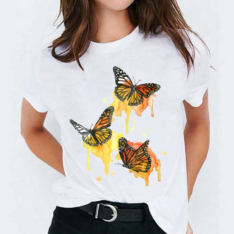 T - shirts Top para mulheres aquarela penas pássaro dos desenhos animados 90s casual impressão senhora mulheres gráfico t camisa senhoras t-shirt t-shirt x0628