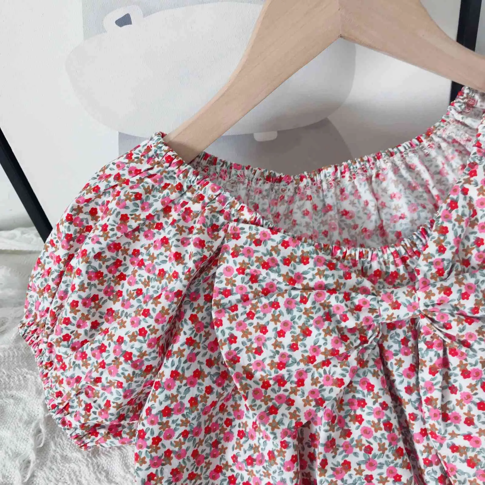 Girls Shirt Summer Floral Bow Blouse Fashion Children Short-sleeved Sweet Princess Top Girl Clothes 210515