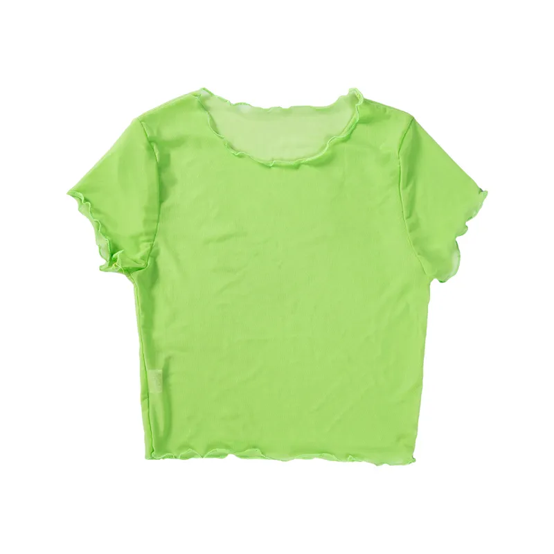 Kadın T-shirt Moda Mesh Casual Parti Seksi Bayanlar Kırpma Yeşil / Mavi / Turuncu / Mor Şeffaf Fırfır Mayo Tops 210522