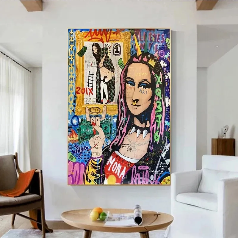 Peintures sur toile d'art Graffiti abstrait, affiches et imprimés drôles de Mona Lisa, images d'art murales célèbres pour la décoration de la maison du salon Cuad5598190