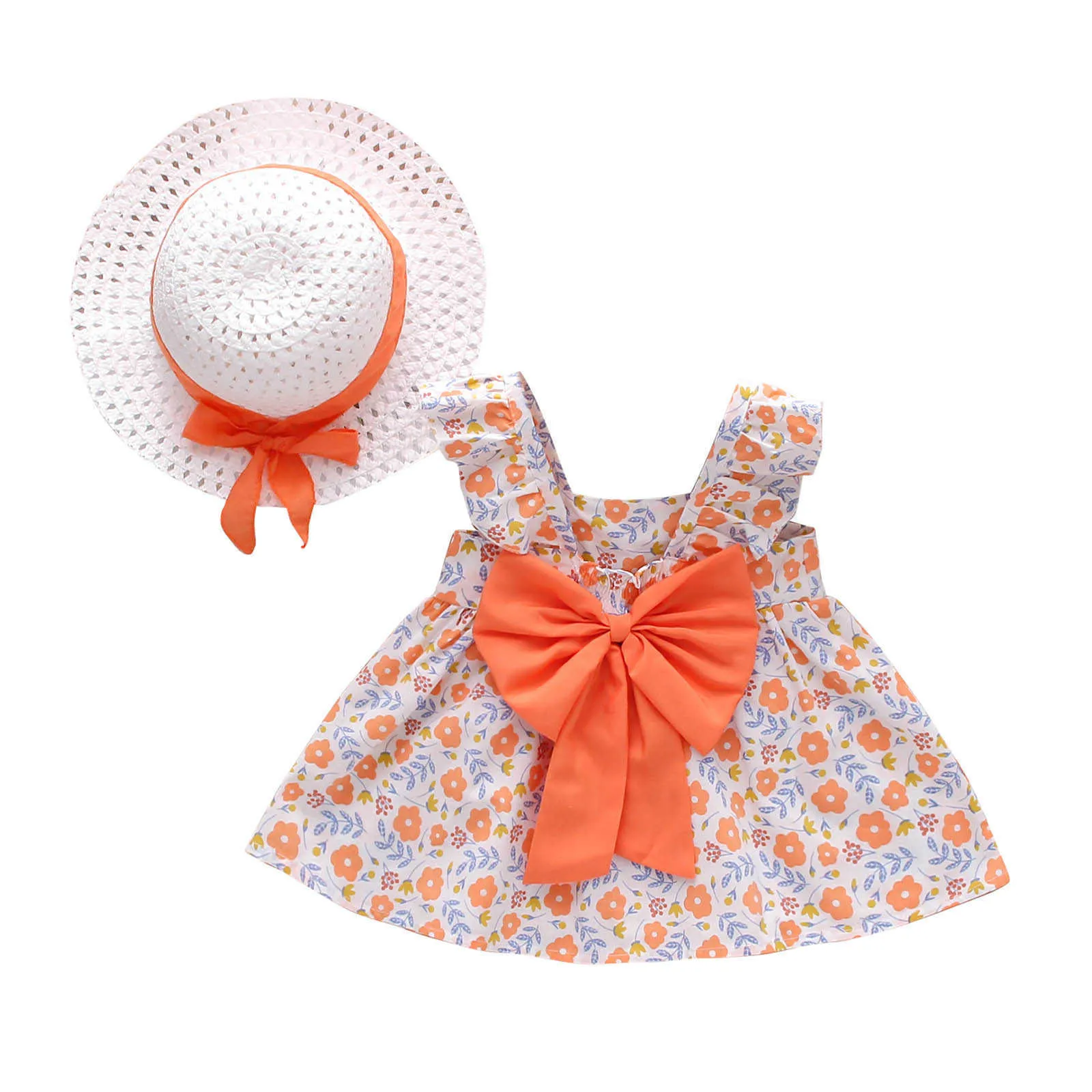 Abiti bambini alla moda ragazze Abito estivo con cappello il sole Abiti senza maniche con fiocco floreale bambini Vestiti bambini 1 2 3 4 5 anni Q0716