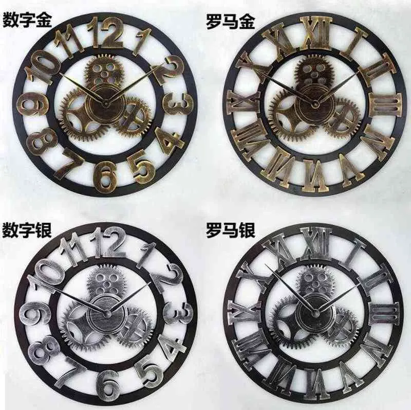 Wood Clock Retro Vintage Retro Industriell Gear Väggklockor för vardagsrum Hotell Restaurang Dekoration Väggkonst Heminredning H1230
