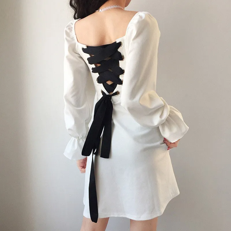 Vestido feminino de verão versão coreana do parágrafo curto alça de volta camisa saia retro laço vestidos femininos pl230 210506